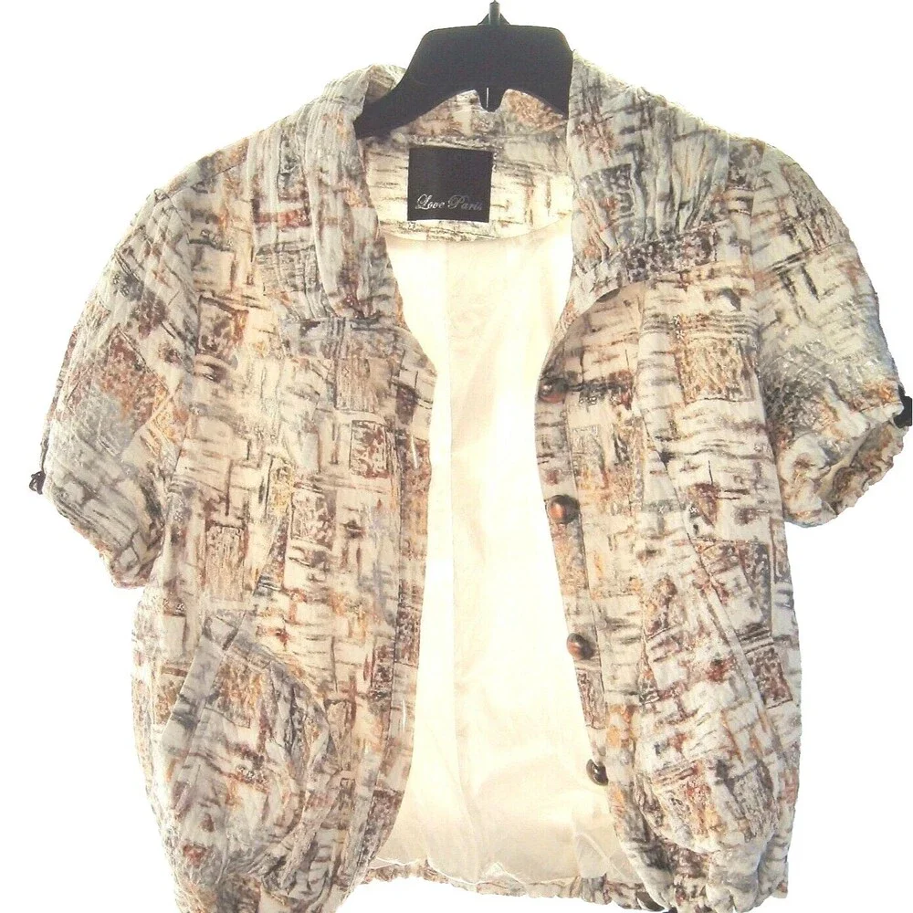 Love Paris Mod Metallics shracket short sleeve jacket Top Boho Cropped S/M